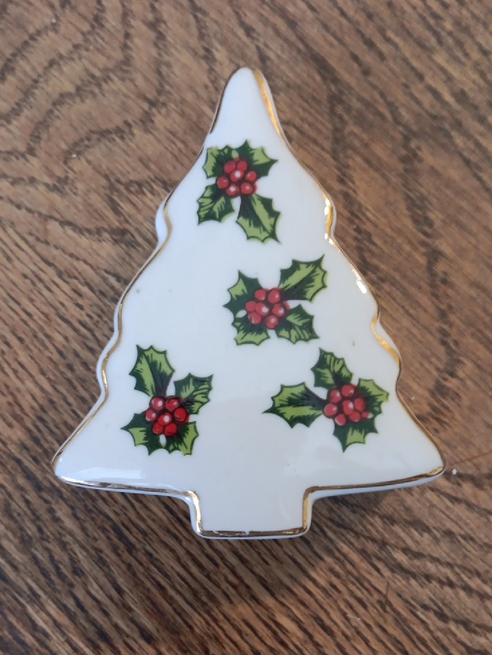 White Ceramic Lefton Christmas Tree Trinket Dish with Holly and Gold Trim